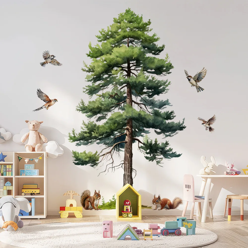 Watercolor Pine Tree Wall Decal with Birds and Squirrels, Removable Wall Stickers for Kids Bedroom Nursery Playroom Wall Decor