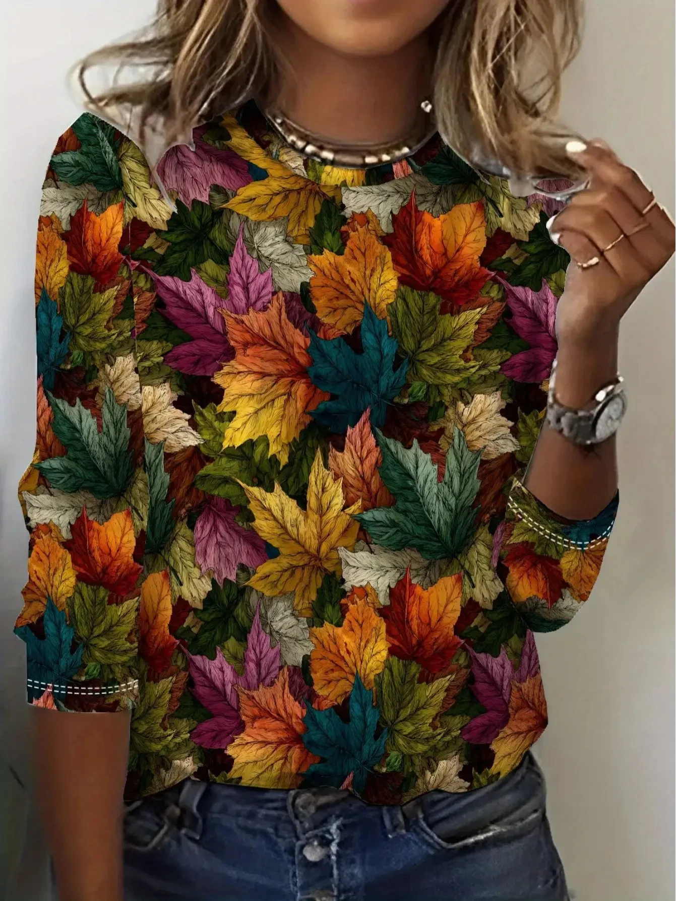 Women T‑shirt Autumn Maple Leaf Allover Print Crew Neck Three Quarter Sleeve Fall Holiday Casual Tee Top Women's Clothes