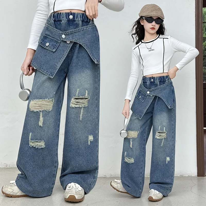 Teen Girls Hole Wide leg Jeans Autumn American Spliced Stacked Double waist straight through pants child trousers clothes outfit