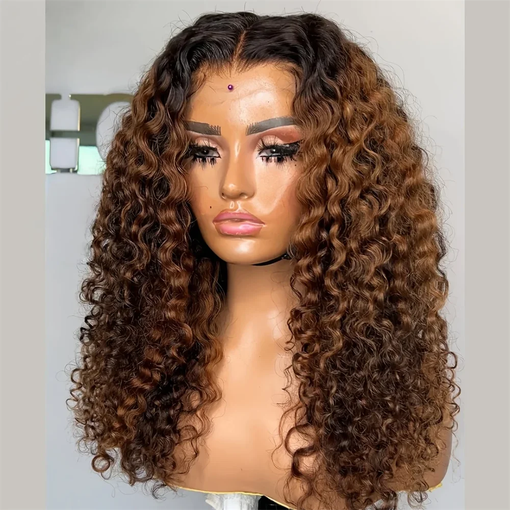 

Long Soft 26Inch Kinky Curly Ombre Brown 180 Density Lace Front Wig For Women With Baby Hair Synthetic Preplucked Glueless Daily