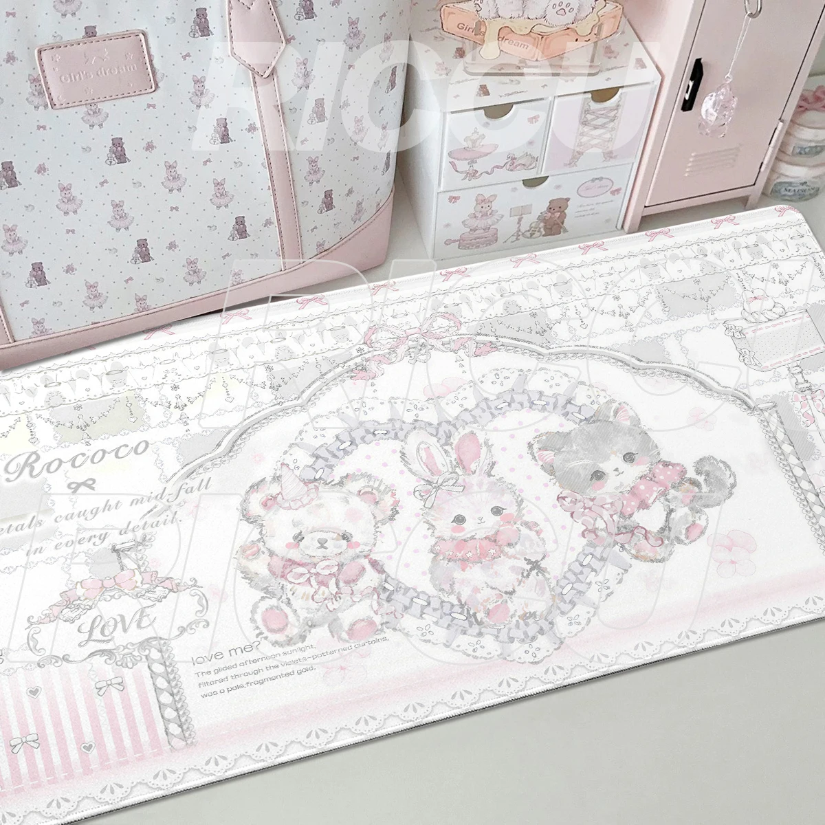 French Style Mouse Pad Rabbit Cat Bear Pink Cute Anime Deskmat Protective Game Keyboard Dorm Decort Table Mat Office Accessories