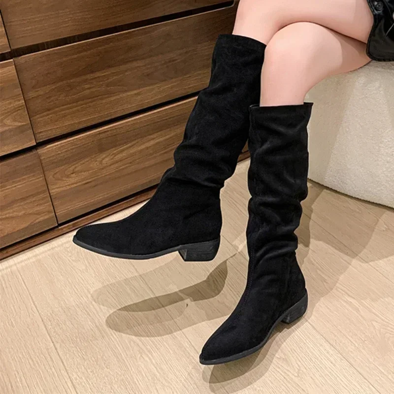 2024 New Autumn and Winter Fashion Pointed Elegant Sexy Suede Leopard Print Women's Simple Knee Length Warm High-heeled Boots