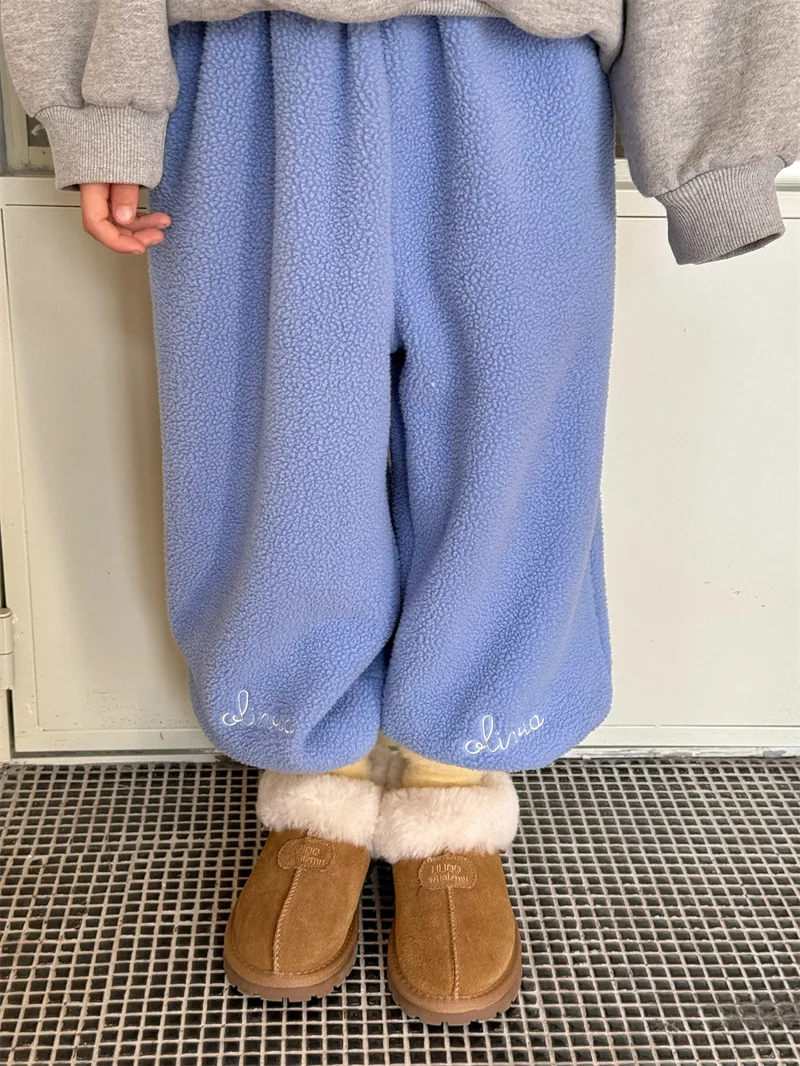 2024 Winter New Children Lamb Cashmere Warm Trousers Girls Plus Velvet Thick Casual Pants Kids Boys Embroidery Sweat Pants