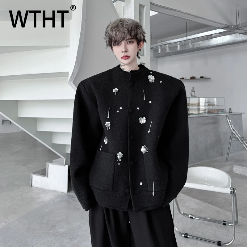 WTHT Fashion Men's Spliced Metal Flower Design Loose Coats Trendy Solid Color O-neck Casual Jackets Male 2025 Autumn 2A1887