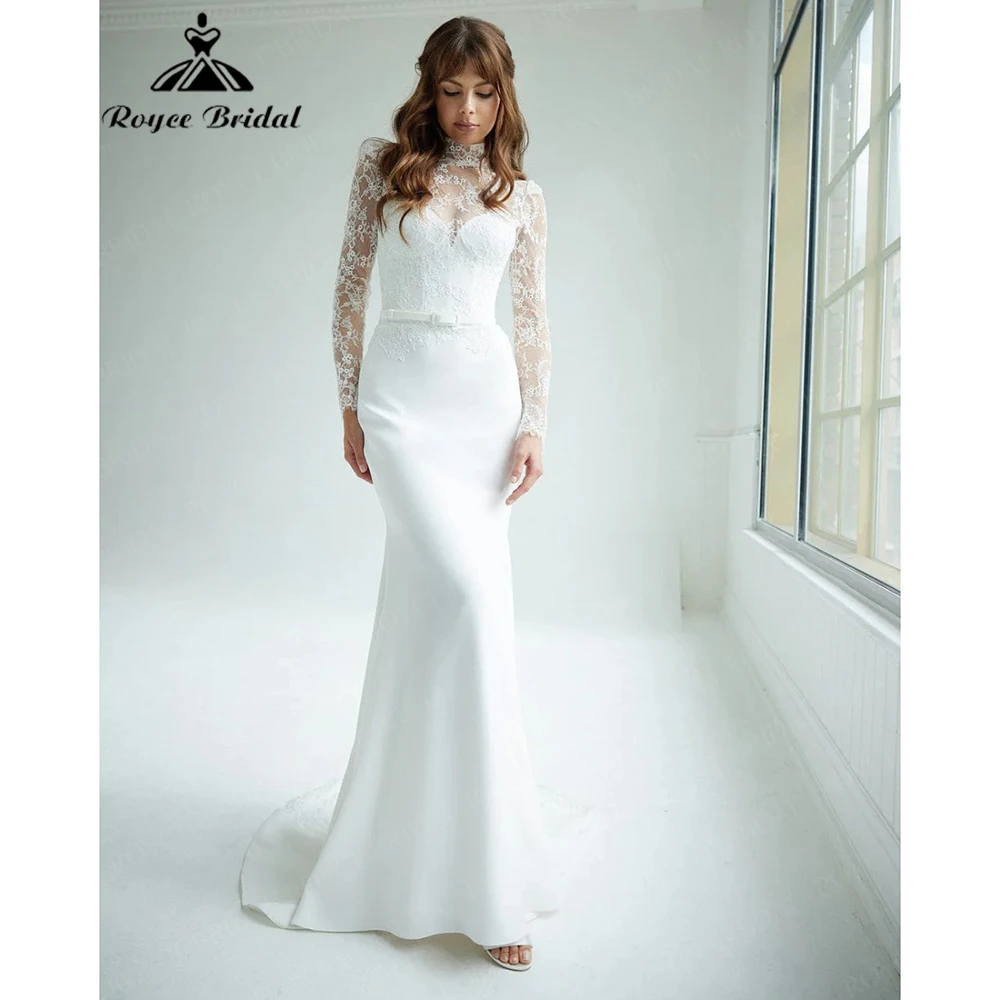 

Roycebridal 2025 New High Neck Lace Top Satin Mermaid Wedding Dress with Belt Lace Long Sleeve and Sweep Train Customized 웨딩드레스