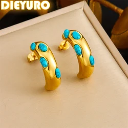 DIEYURO 316L Stainless Steel Golden Retro Geometric C-shaped Inlaid Turquoise Earrings Women New Trend Fashion Ear Jewelry Gift