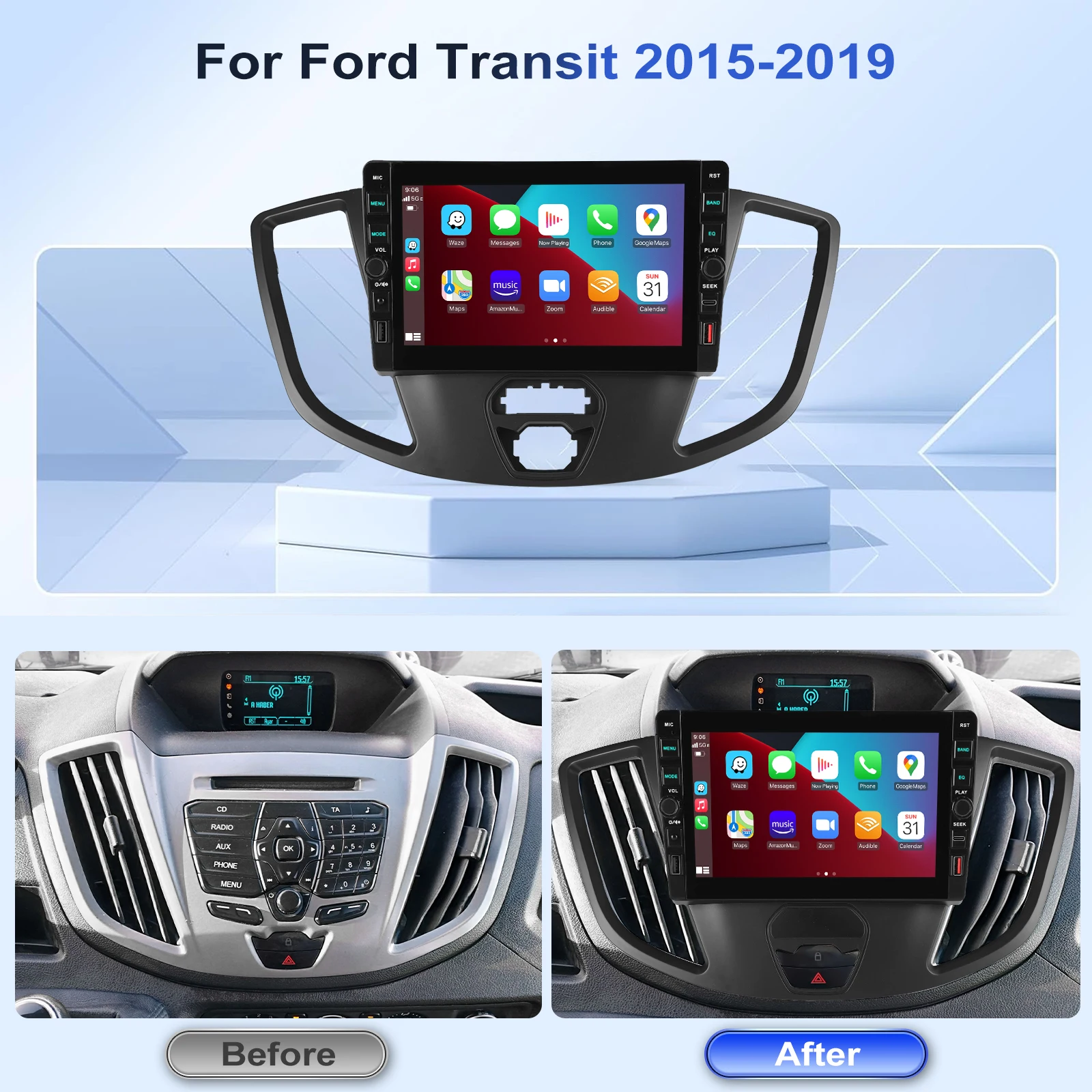 ESSGOO 8" 4+64G Android 15 Autoradio für Ford Transit Custom 2015-2019 Wireless Carplay Android Auto GPS Navigation USB Type-C FM BT WiFi RDS ASP Mirror Link SWC Multimedia Videoplayer IPS Touchscreen