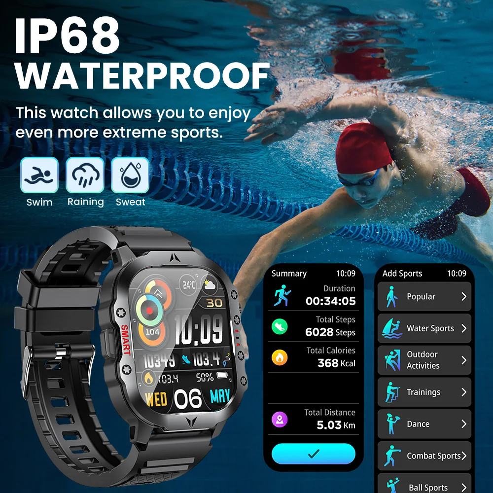 CanMixs Flashlight Smartwatch with 2.01” Display, IP68 Waterproof,100+ Sports Tracking & Wireless Call Functionality smart watch