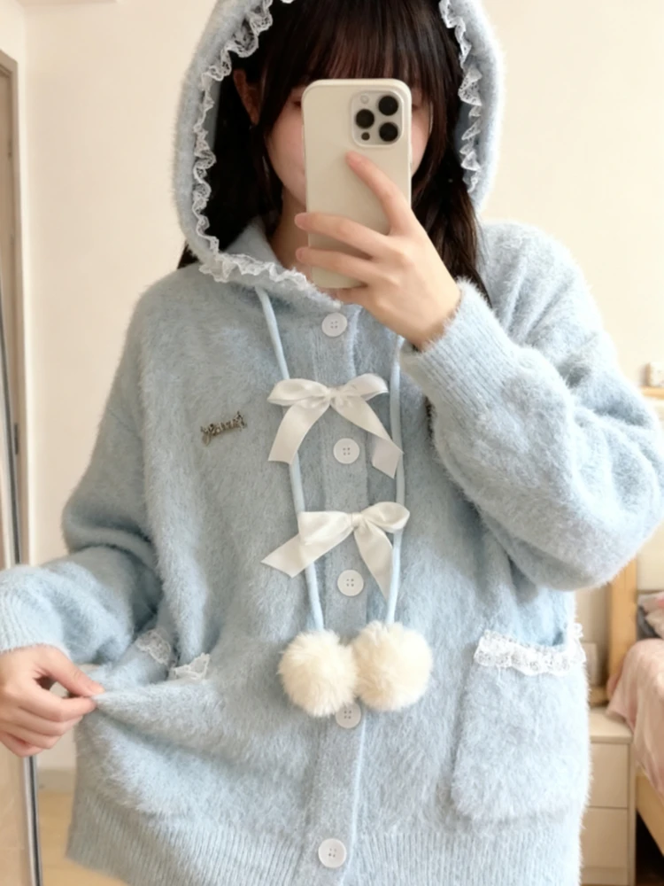 

2025 New Ultra Cute Mink Knitted Open Cardigan Women's Autumn Winter Loose Sweet Sle Sweater Jaet with Hat And Button