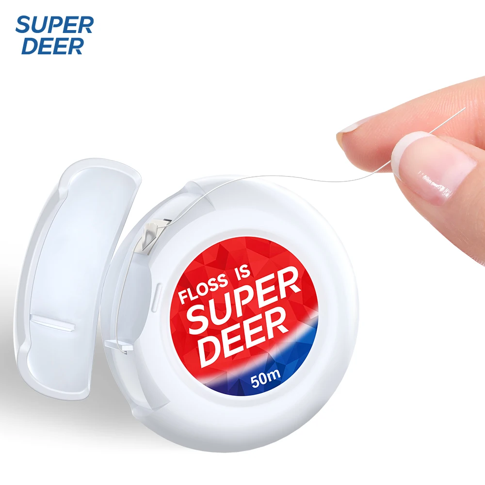 SUPER DEER 50 Meters Waxed Mint Dental Floss Portable Dispenser Case Strong Shred Resistant Floss Spool Teeth Cleaning