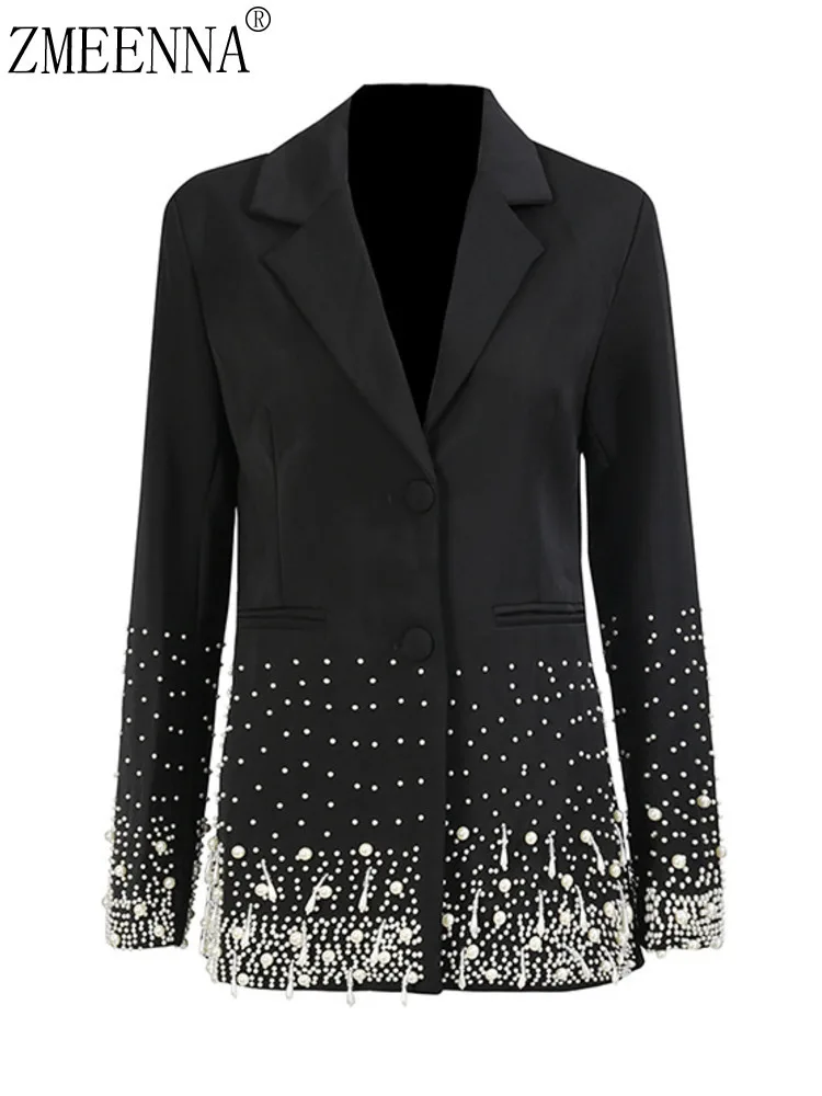 

ZMEENNA женский черный пиджак с жемчужными заклепками, шикарная и острая куртка с длинными рукавами для вечерней вечеринки ZM3814