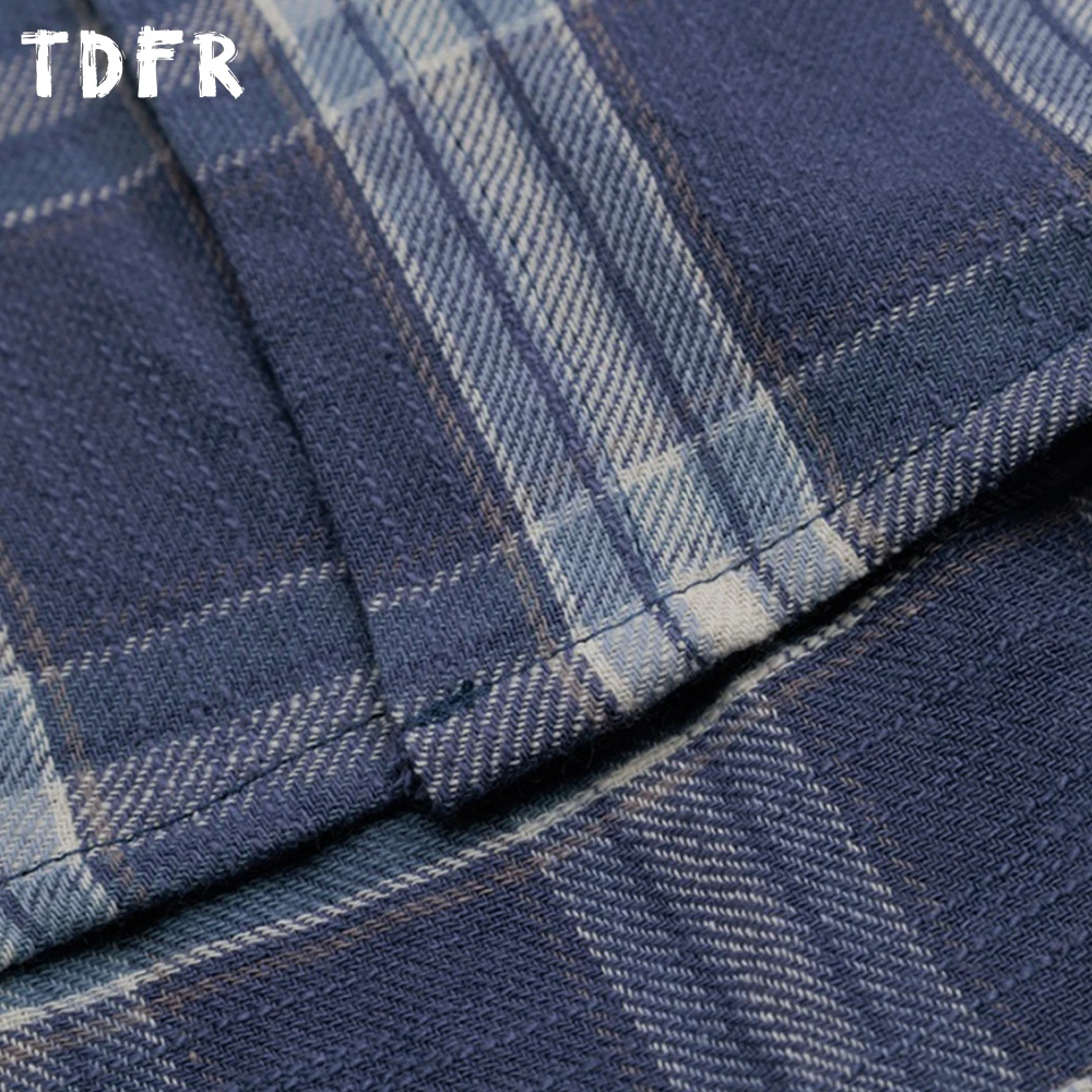 Retro Plaid Long Sleeve Shirts Mens Pocket Letter Embroidery Autumn Casual Loose Long Sleeve Single Breasted Cotton Shirts Man