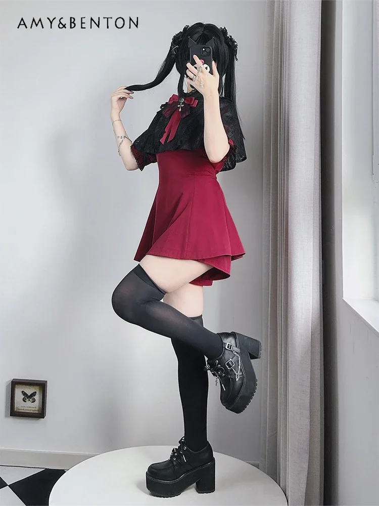 Japanische Stil Mine Serie Lolita kurz ärmel ige Top kurze zweiteilige Set Sommer Herbst Spitze Revers Cape Kleid süße Goth Outfits