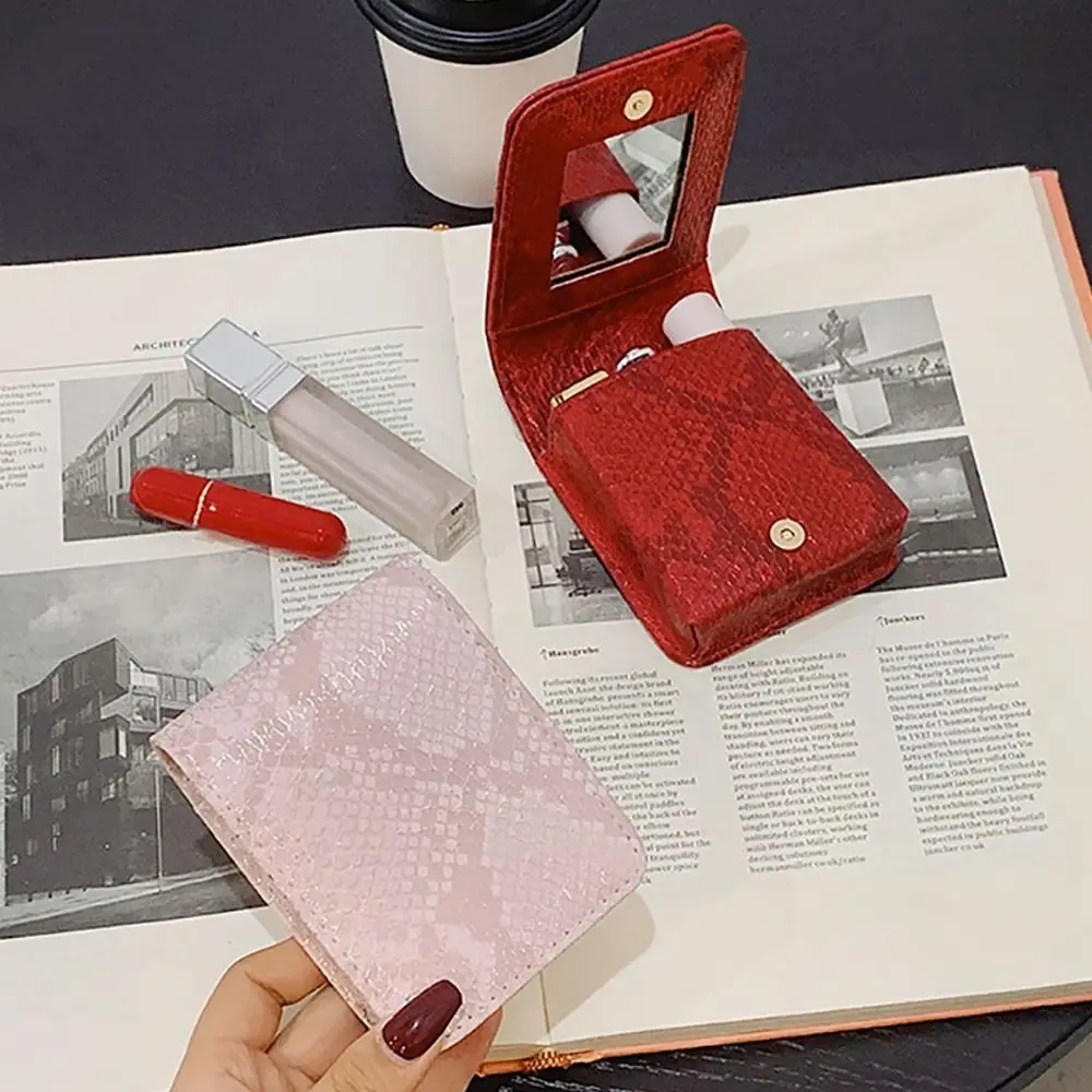 Durable PU Leather Lipstick Bag With Mirror Mini Lipstick Pouch Snap Button Lipstick Protective Cover