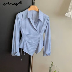 Women Fashion Retro Striped Print Ruched Irregular Design Shirts Office Lady Elegant Lace Up Blouse Casual Long Sleeve Slim Tops