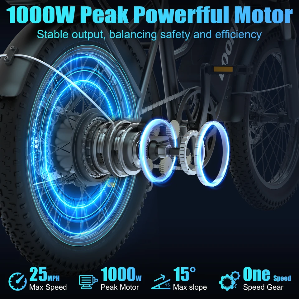 LoonFat T20 Black Adult Ebike 1000W Motor 25 MPH Speed Limiter 48V 15.6Ah Lithium Battery 170 Lbs Max Load Cable Brakes image 4