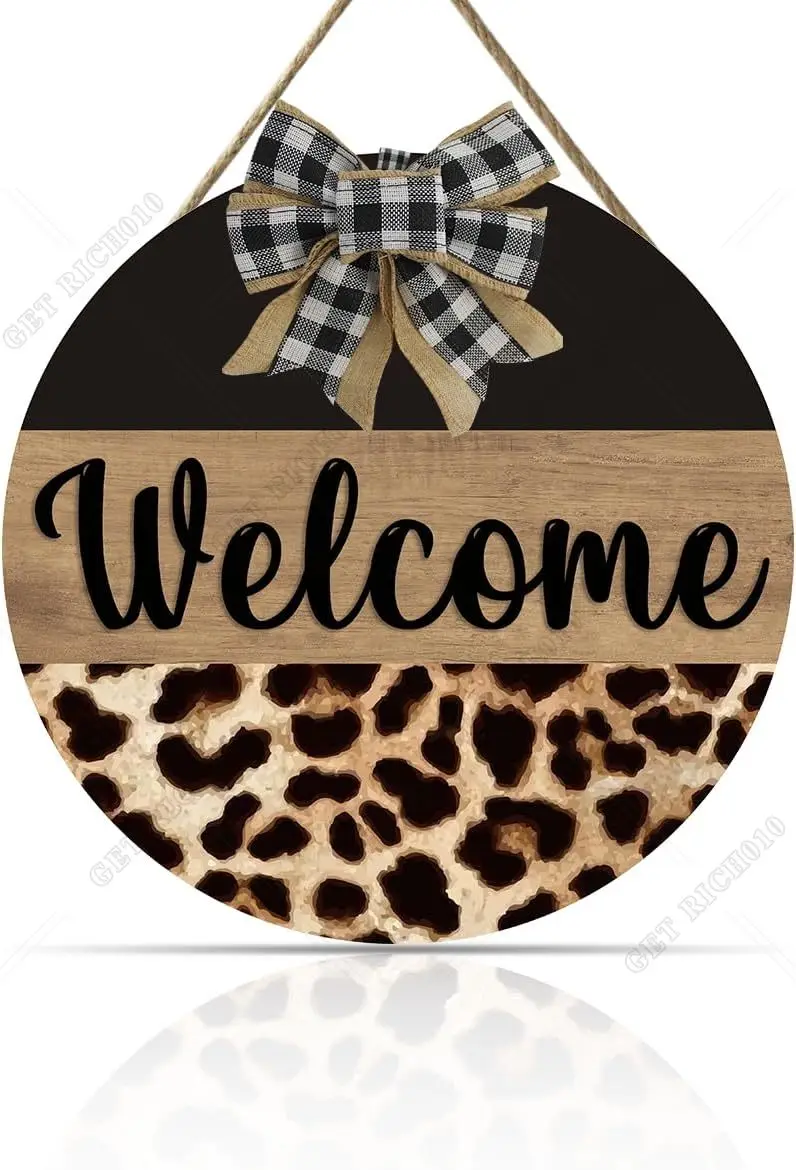 

Welcome with Bow Wooden Sign 12x12 Inch Minimalist Leopard Welcome Door Hanger Outdoor Welcome Hanging Sign for Door