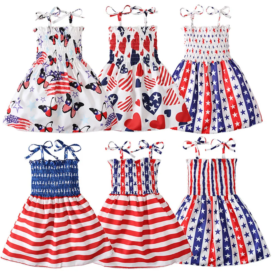 Stylish Summer Dress for Girls Strap with Independence Day Theme Cute Dress Dino Panda and Floral Prints Girls Casual Dresses