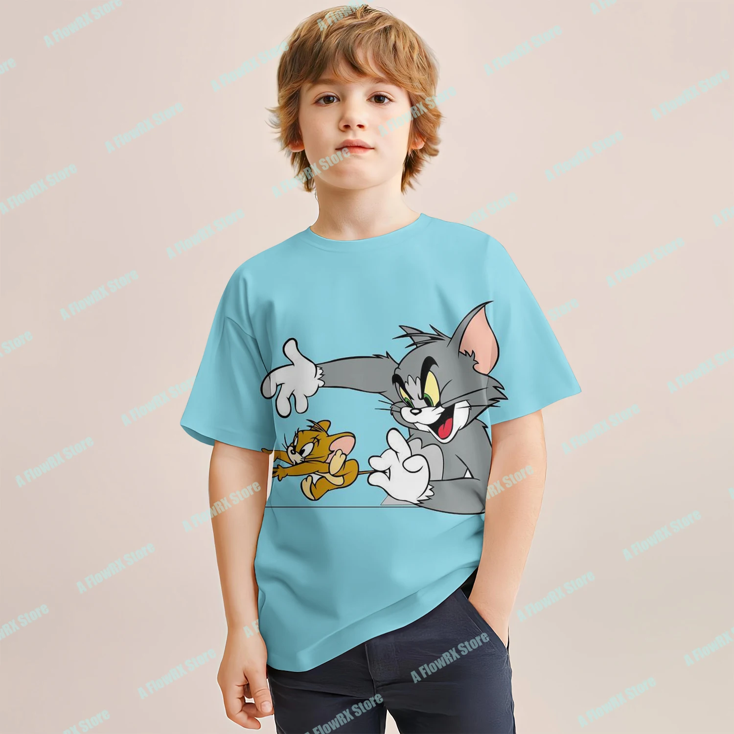 تي شيرت TOM and JERRY مطبوع ثلاثي الأبعاد مثالي للاستخدام في الهواء الطلق مناسب للرجال والنساء والكبار والأطفال في الصيف ومريح