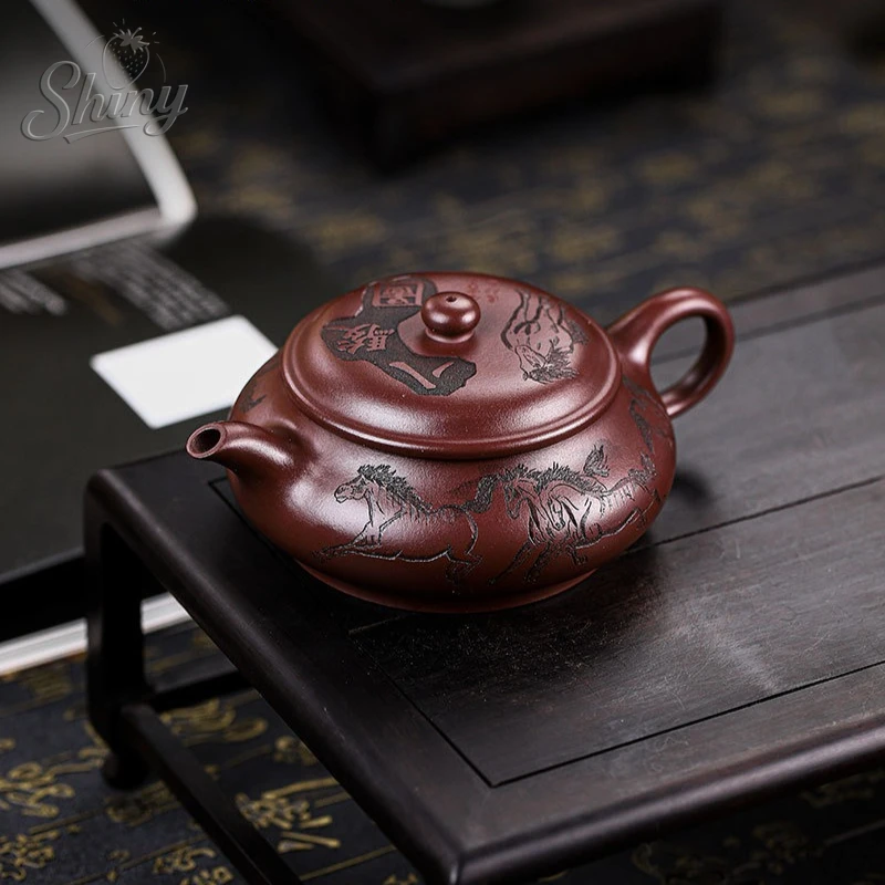 ييشينغ يدويا الأرجواني الطين إبريق الشاي الأسرة الكنز العتيقة الأرجواني الطين ثمانية الخيول تصميم تخمير إبريق الشاي Gongfu طقم شاي