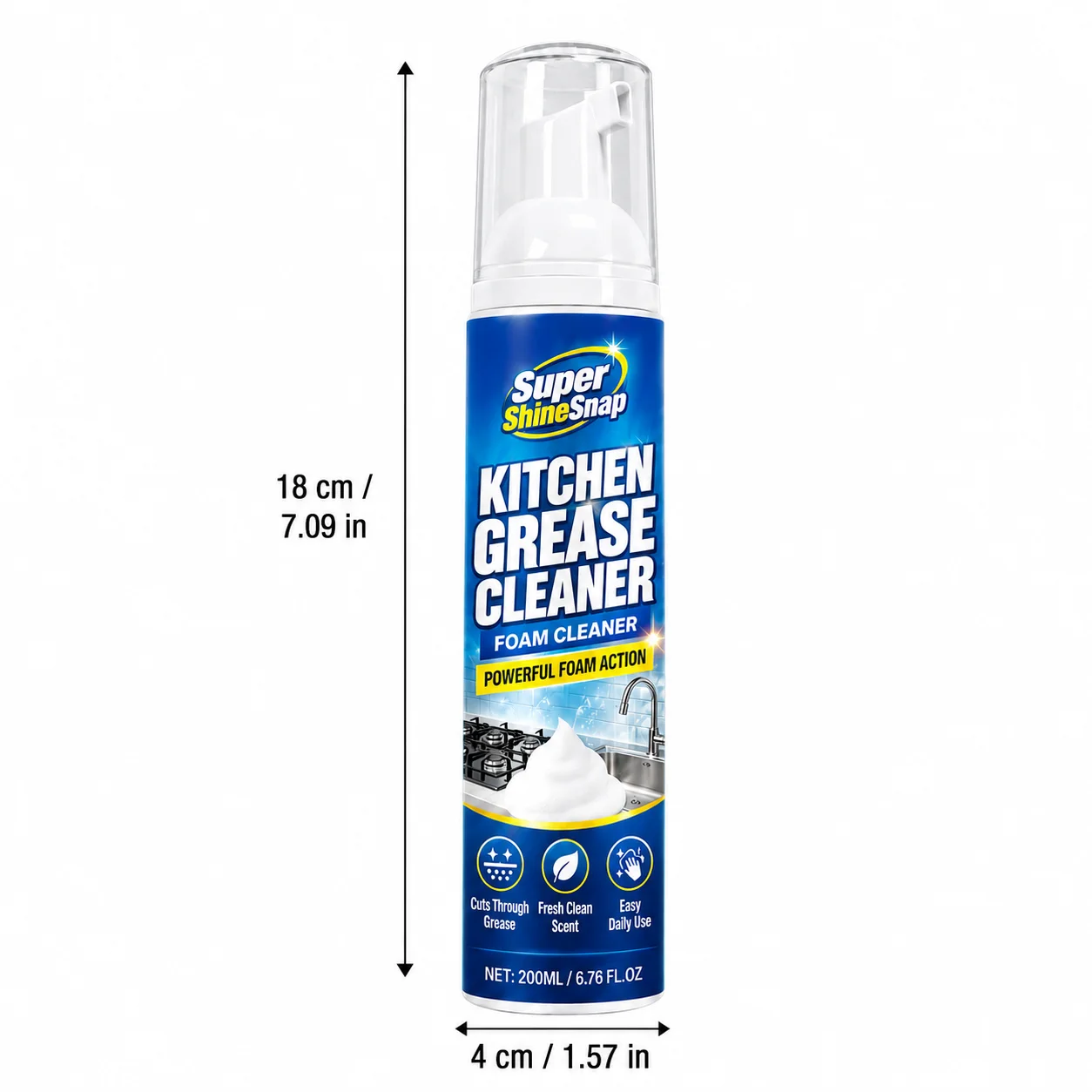 Premium Kitchen Grease Foam Cleaner, Multi-Purpose Easy-Wipe Cleaning Foam for Stovetops, Range Hoods, Sinks and Countertops, Helps Remove Everyday Grease, Oil Residue and Food Messes, Fresh Clean Scent