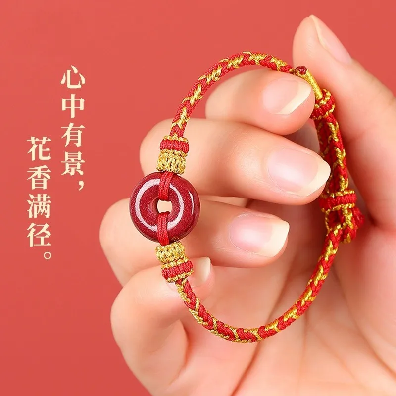 Natural High Content Cinnabar Bracelet Purple Gold Sand Peace Buckle Red String Zodiac Dragon Handwoven Unisex Jewelry