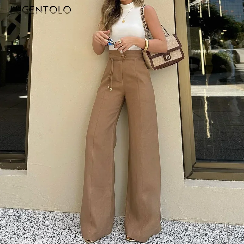 Women Wide-leg Pants Solid Color High Waist Lace-up Fashion Buttons Invisible Pockets Temperament Slim Fit Elegant Party Wear