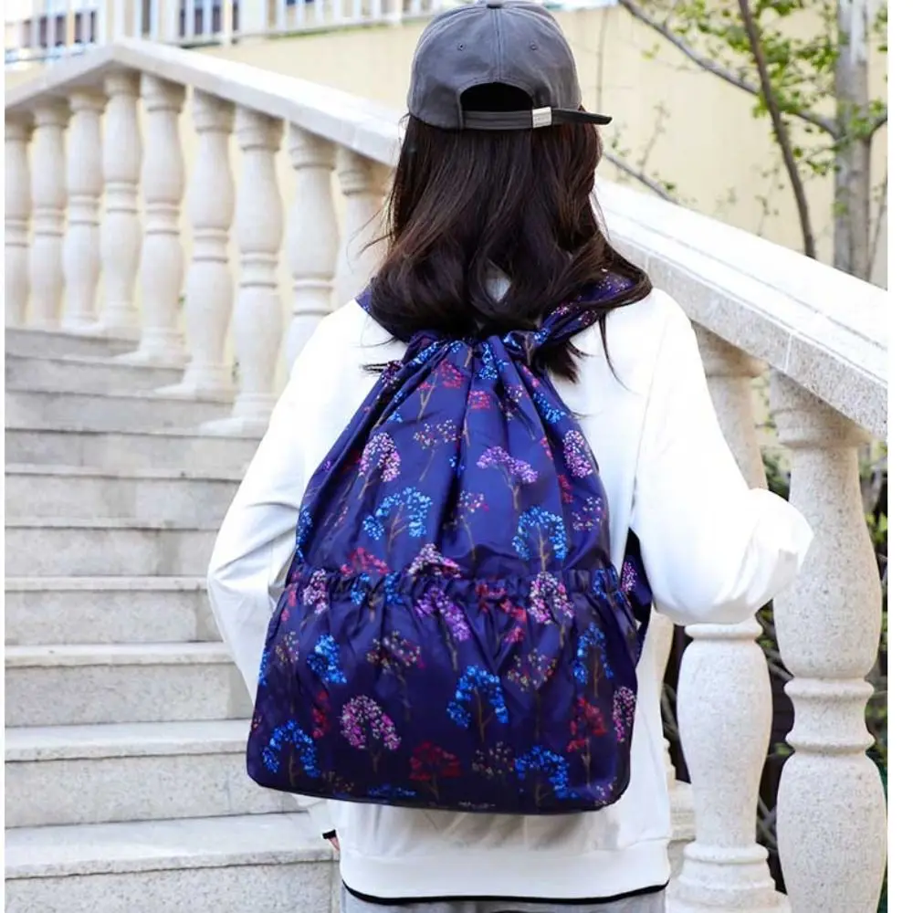 Multifunctional Floral Printed Drawstring Bag Waterproof Polyester Backpacks Large Capacity Fold School Bag Ladies