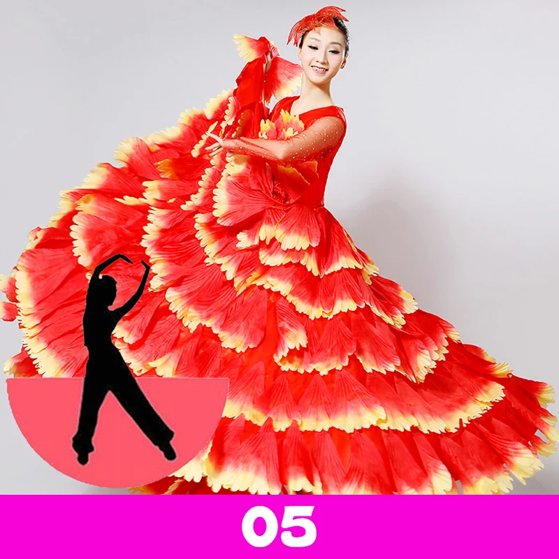 Damen Spanisches Flamenco Stierkampf-Kleid, Eröffnungstanz, Großer Schwung, Blütenblatt-Design, Klassische Kleider, Bühnentänzerin, Performance-Rock, Kostüm – Detail 24