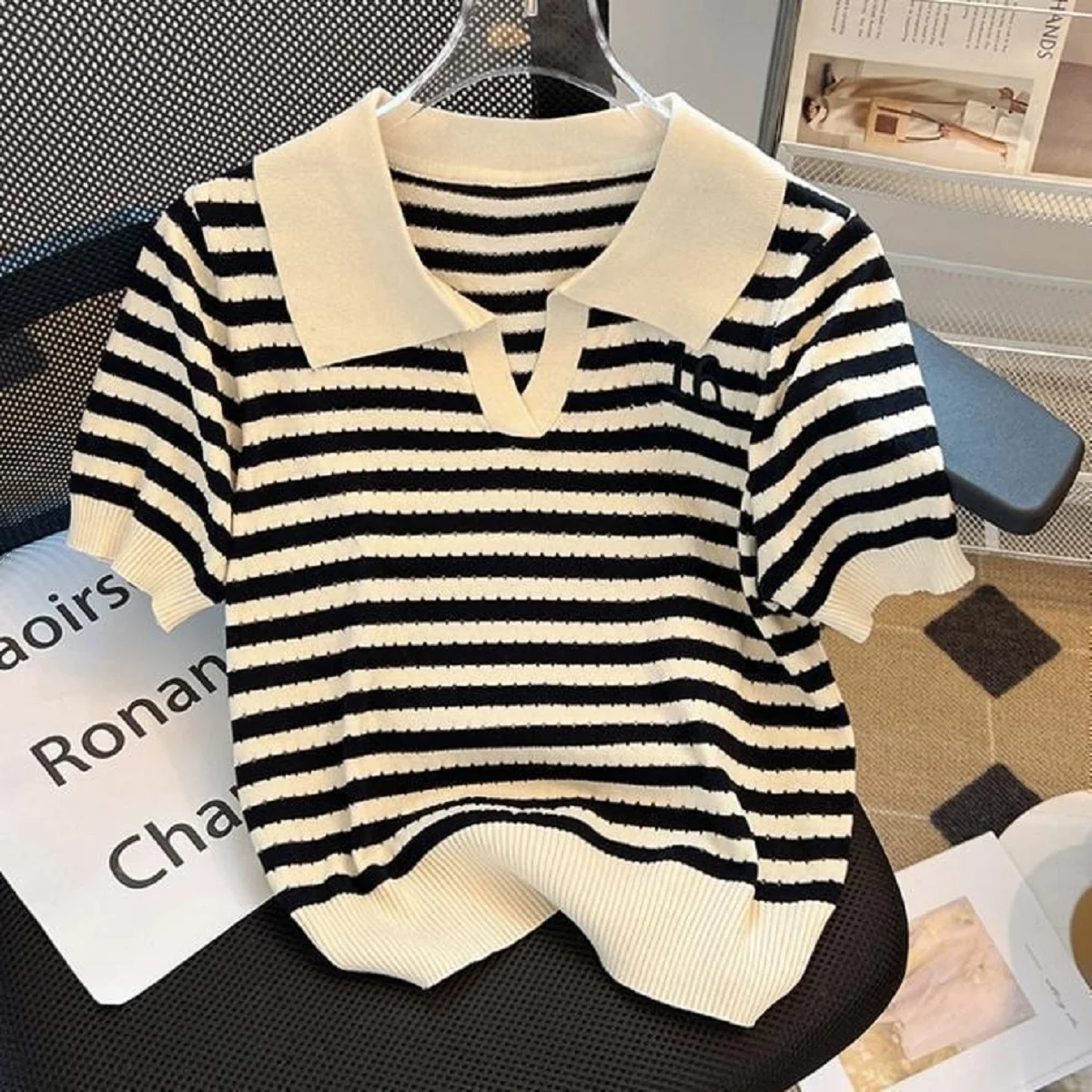 Summer Tee Hollow Out Contrast Colors Striped Patchwork Korean Fashion Casual Pullover Short Sleeve Korean Fashion Polo Tops