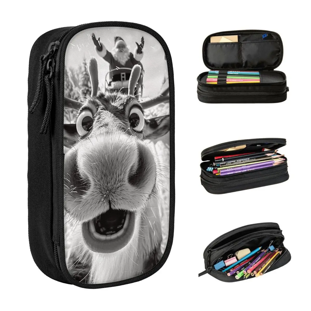 Funny Reindeer Selfie Christmas Pencil Case University Pencil Box Girls Boys Canvas Kawaii School Pencil Cases Pattern Supplies