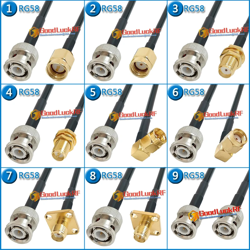 Q9 BNC Male to SMA RP-SMA Male Female Washer Nut Right Angle 90 Degree Pigtail Jumper RG-58 RG58 3D-FB Extend cable 50 ohm