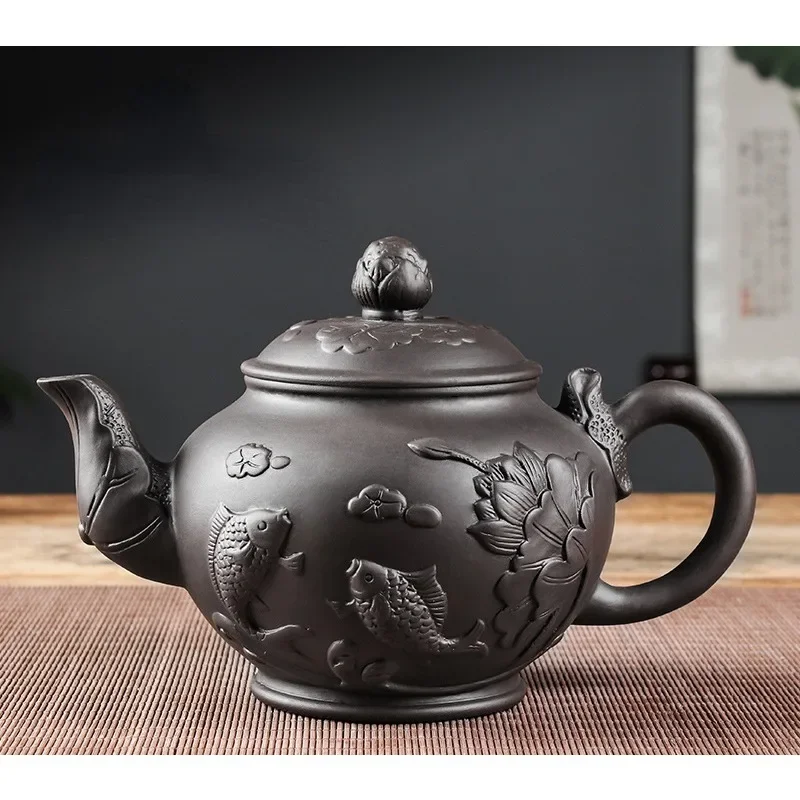 Large Capacity Yixing Purple Clay Tea Pot Hand-carved and Painted Lotus Teapot Household Tea Infuser Retro Tea Set 1000ml