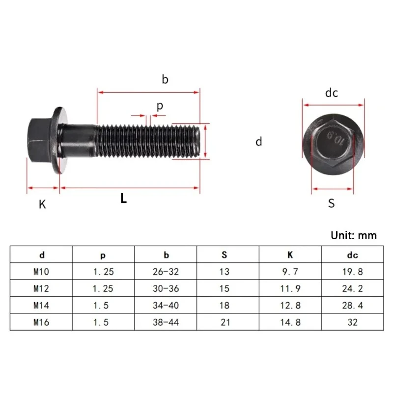 M10 M12 M14 M16 10.9 Grade Fine Thread Hex Flange Bolt, Black Oxide Hexagon Flange Face Machine Screw High Tensile Fastener