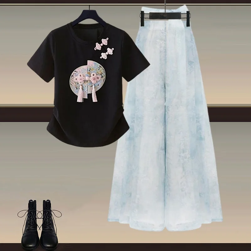 Nuovo Cinese Sle Faion Set da Donna Estate Intrattenimento Musiche E Canzoni con Bottoni Modificati Top Pantaloni a Gamba Larga Dimagrante Set a Due Pezzi Ele