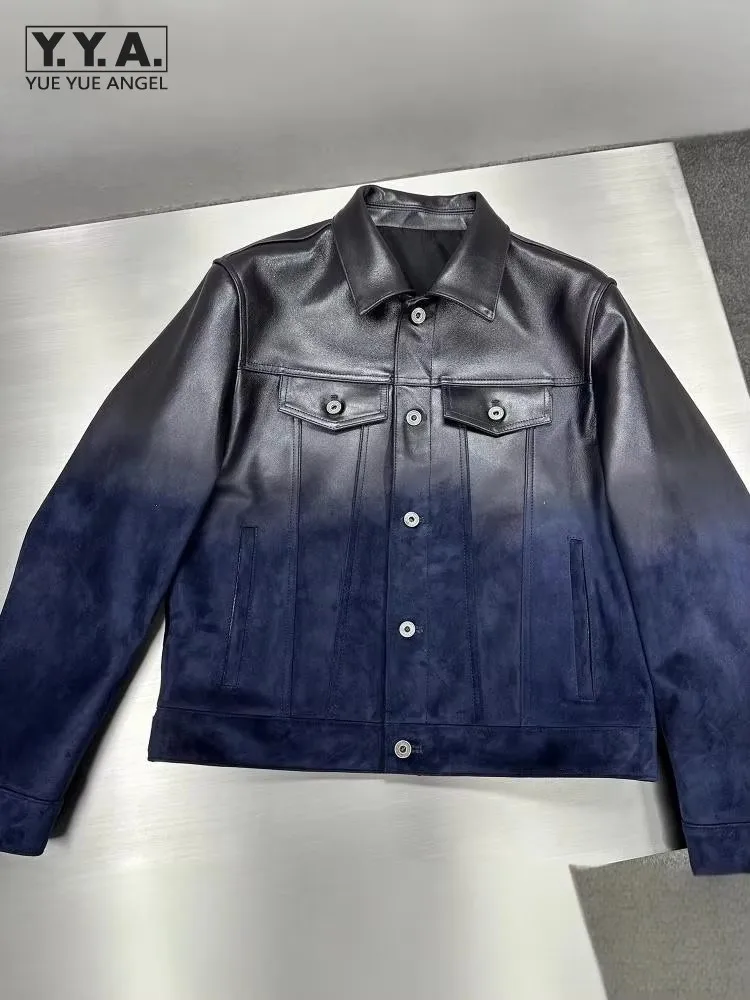 High Quality Mens Sheepskin Genuine Leather Jacket Personality Runway Gradient Motorcycle Short Coat Single Breasted Outerwear