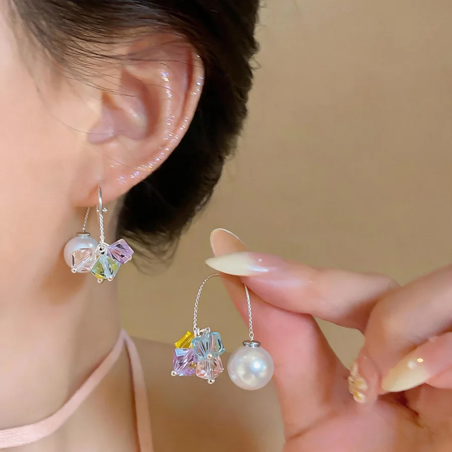 Sweet Color Glass Beads Dangle Earrings Reversible Imitation Pearl Wire Hook Drop Earrings Women Dainty Dating Party Jewelry K