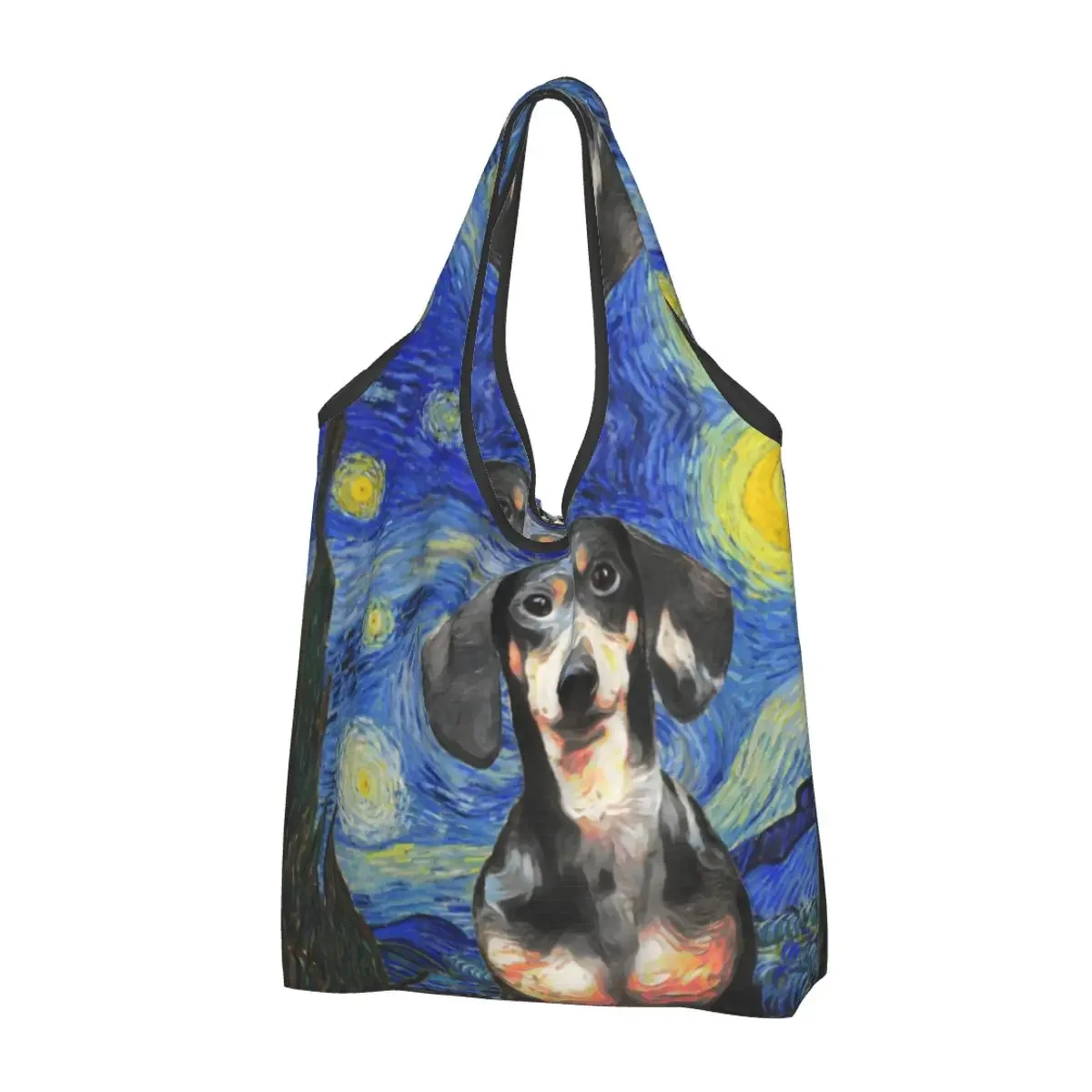 

Custom Dapple Dachshund Dog Shopping Bag Women Portable Large Capacity Groceries Starry Night Van Gogh Shopper Tote Bags