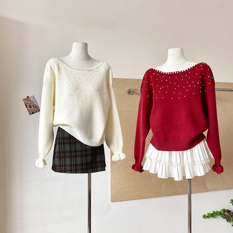 

Commuting Style Beading Women' Sweater 2026 Spring New Red Knitted Christmas Pullover Gentle Style Personalized Long Sleeve Tops