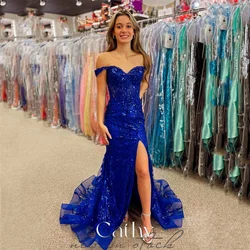 Vestido De graduación azul oscuro con cuello en forma De corazón, sin mangas, lentejuelas brillantes, elegante, cola larga, baile De graduación