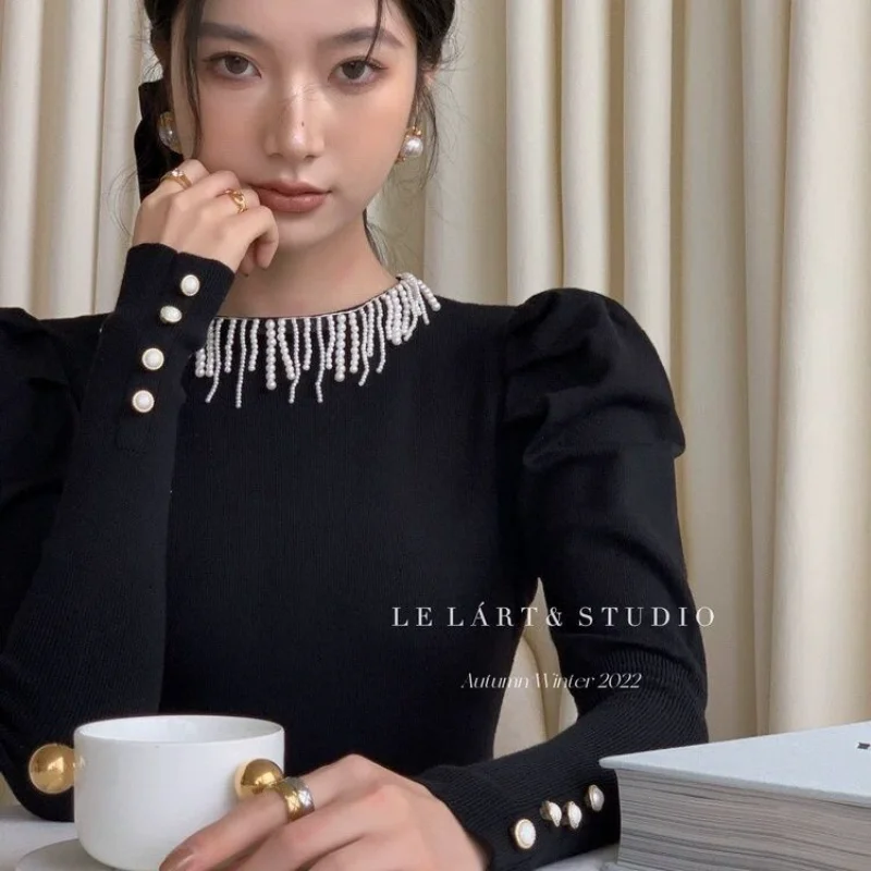 خريف شتاء تصميم جديد لؤلؤة شرابة المرأة سليم قاع سترة النمط الفرنسي الأعلى #1