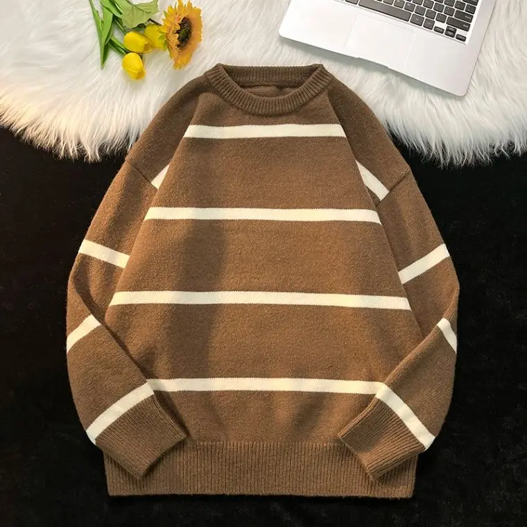 

Korean Sle Lazy Stripe Men's Knitted Sweater Soft Plu Autumn Winter Faion Brand Casual Comfortable Polyester Fiber Coat