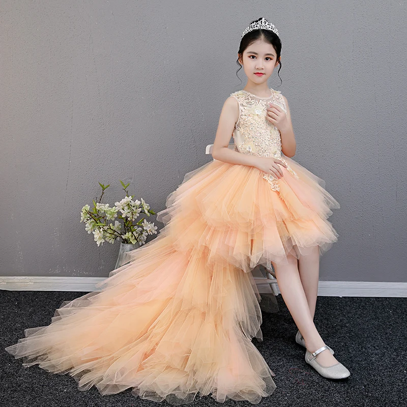 

Glizt Long Trailing Appliques Lace First Communion Dress Party Ball Gown Girls Pageant Gown Flower Girl Dresses for Weddings