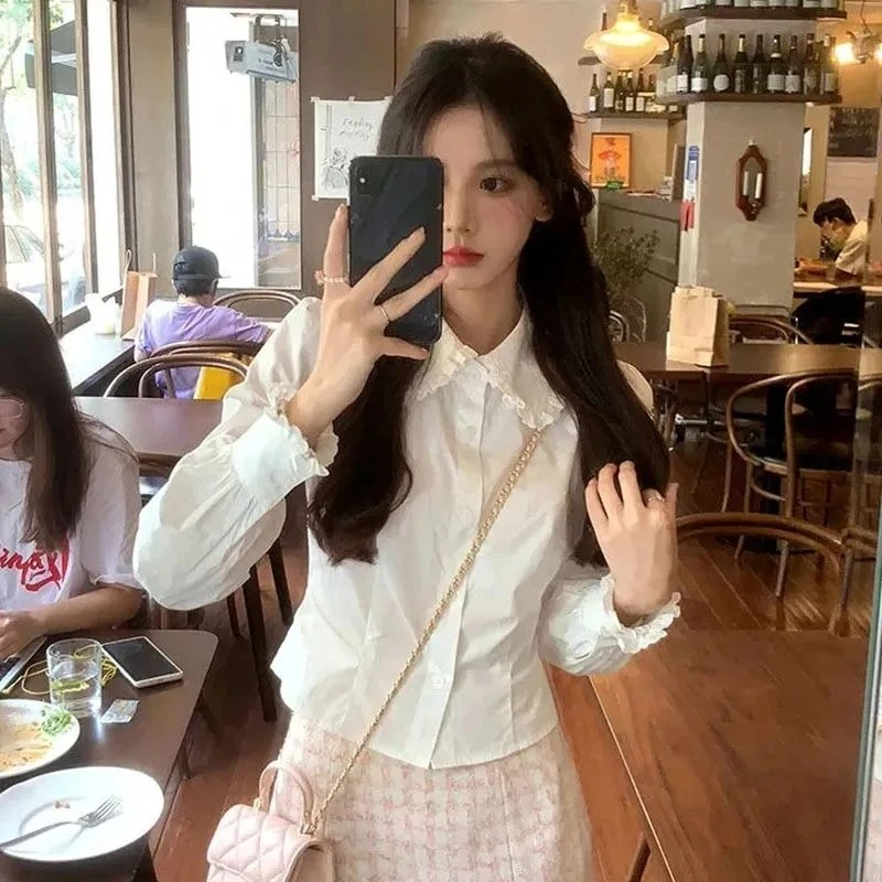 بلوزات نسائية بيضاء حلوة على الطراز الكوري الياباني قميص أوائل الخريف للسيدات ثقافة فرعية Y2k بلوزات جديدة لوليتا حلوة