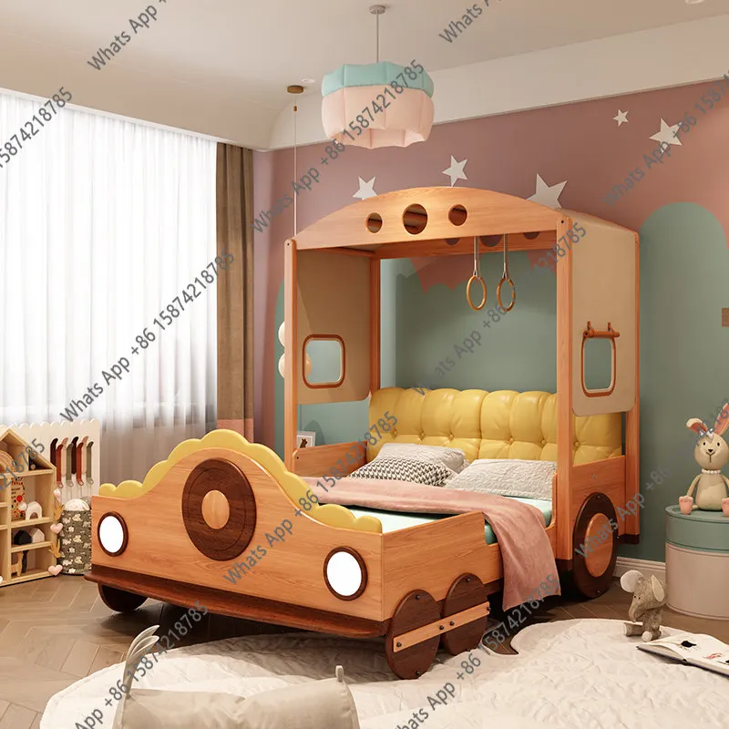 Solid wood car 1.5m single bed with guardrail small apartment cartoon creative boy bed
