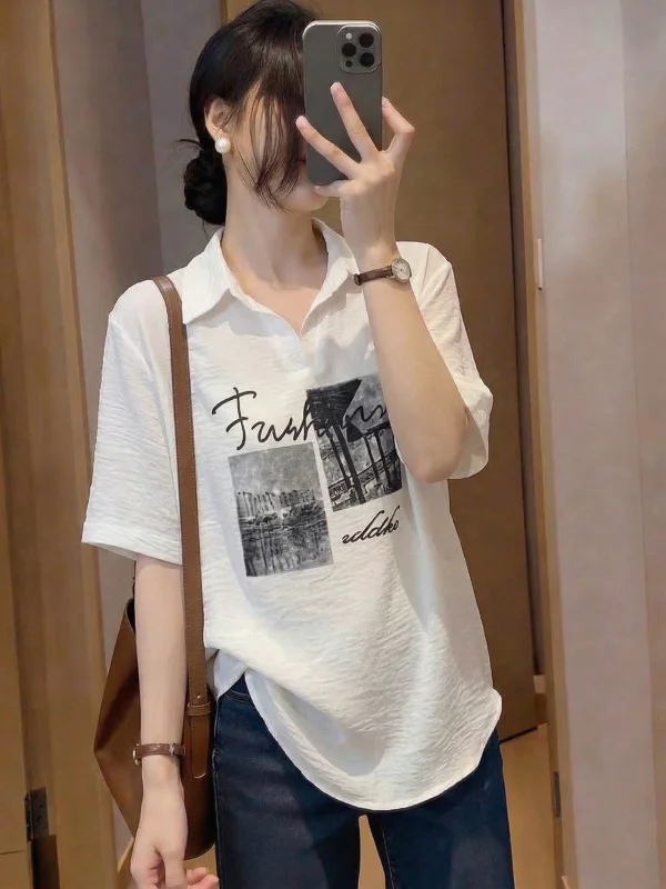 

Elegant V-neck Short-sleeved Shirt Women's plus Size Midi Top Korean Style Commute Fashion Loose Fit Summer New Arrival