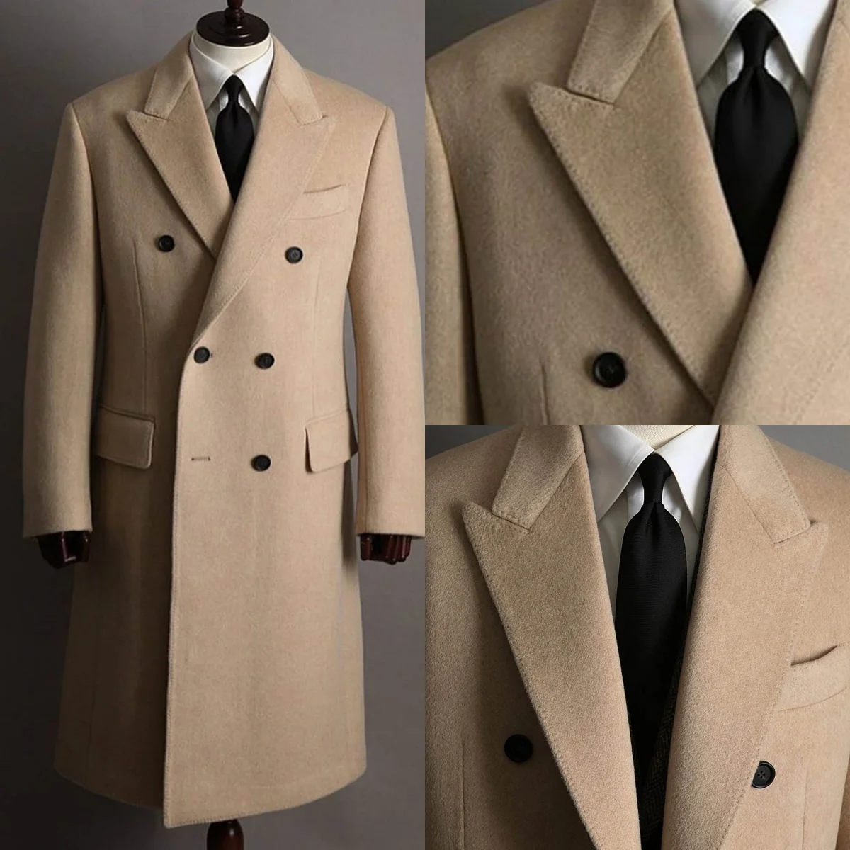 

Classic Customized Men Long Coat One Piece Double Breasted Wool Blend Winter Overcoat Wedding Party Tuxedos
