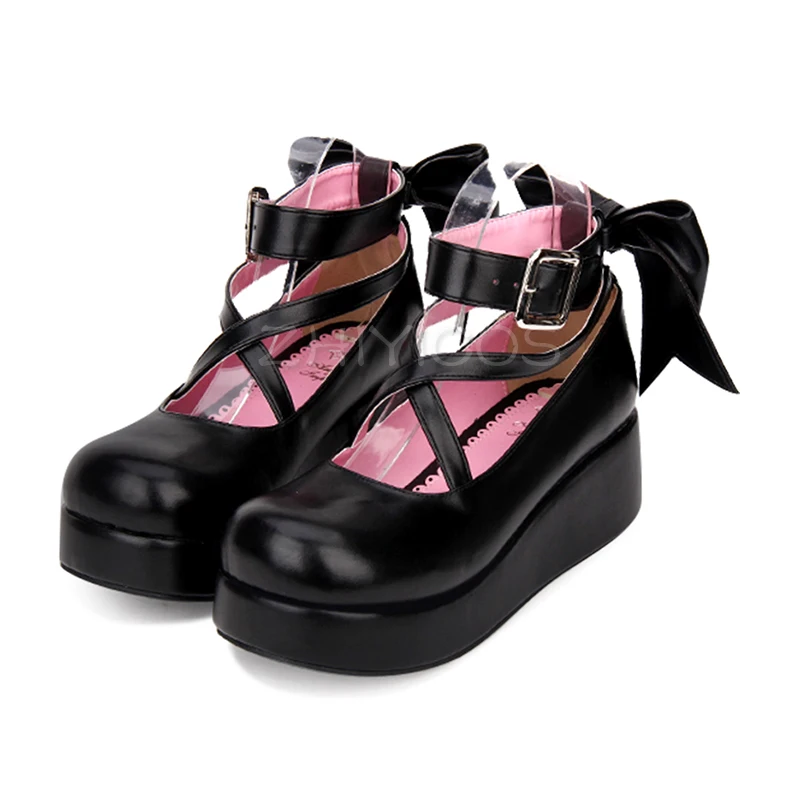 Sweet Gothic Lolita Wedge Platform Shoes Crisscross Strap Buckle Big Back Bow Round Toe Princess Party Footwear for Women Girls