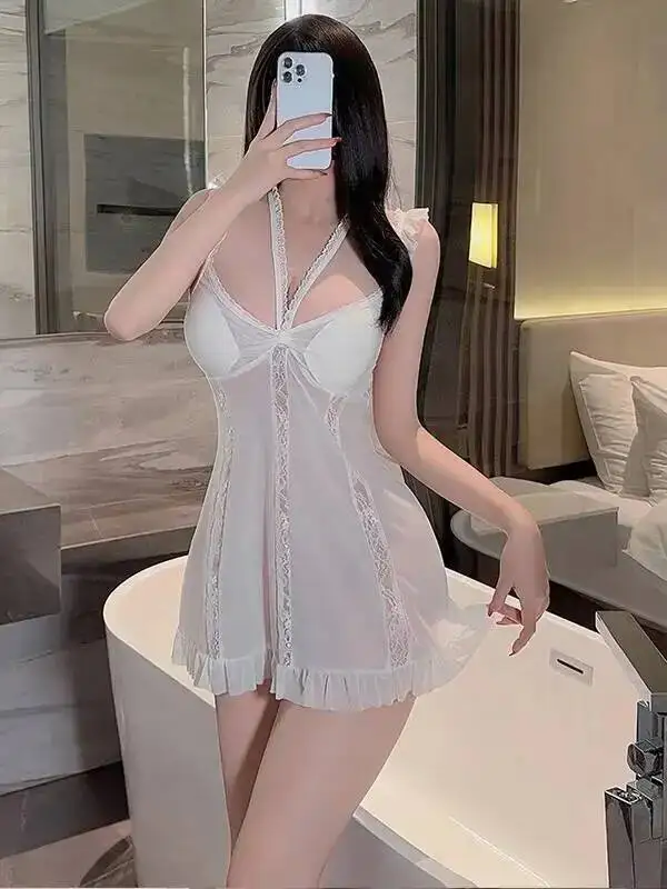 Halter Neck Strap Nightdress Sexy Hot Deep V Sleepwear Home Pure Desire Sexy Lace Sheer Nightdress For Women Sweet Top R7P2