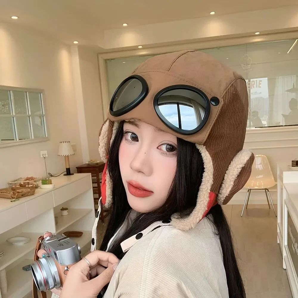Fashion Windproof Winter Pilot Hat With Goggles Anti Fog Beanie Cycling Lei Feng Hat Warm Velvet Earflap Cap Women/Men